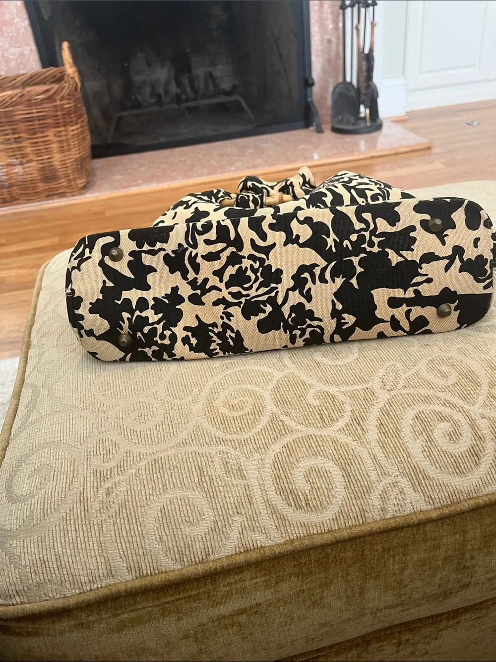 Black and Cream Floral Bamboo-Handle Tote Bag/Purse 100% Cotton